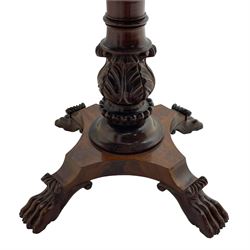 Unusual William IV mahogany Sutherland table, figured and book-matched rectangular drop-leaf top on cylindrical barrel movement, turned roundels to each end, on turned pedestal with acanthus carved baluster, shaped platform with four extended paw feet