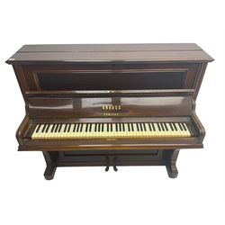 Knauss Coblenz - early 20th century rosewood cased upright piano, straight strung iron movement, simulated ivory keys