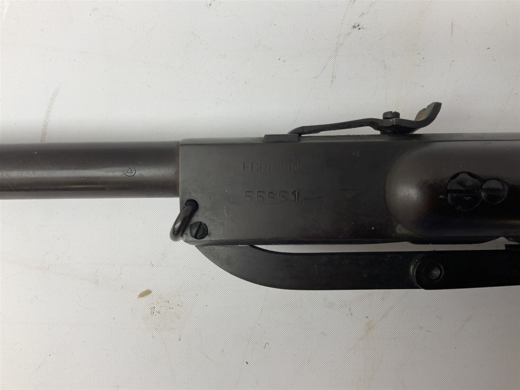 .22 air rifle with break barrel action and 48cm barrel; no visible maker but marked 'Foreign' No.55951; fitted with 4x20 telescopic sight L109cm overall