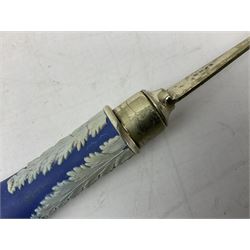 Wedgwood blue Jasperware salad bowl with silver plated collar and matching servers, bowl D22.5cm