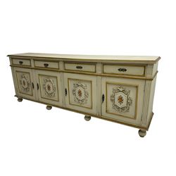 Portuguese painted sideboard, Portuguese painted dresser, fitted with four drawers over four cupboards flanked by fluted uprights, the panelled cupboards with floral decoration and a rinceaux border, white painted and parcel-gilt 