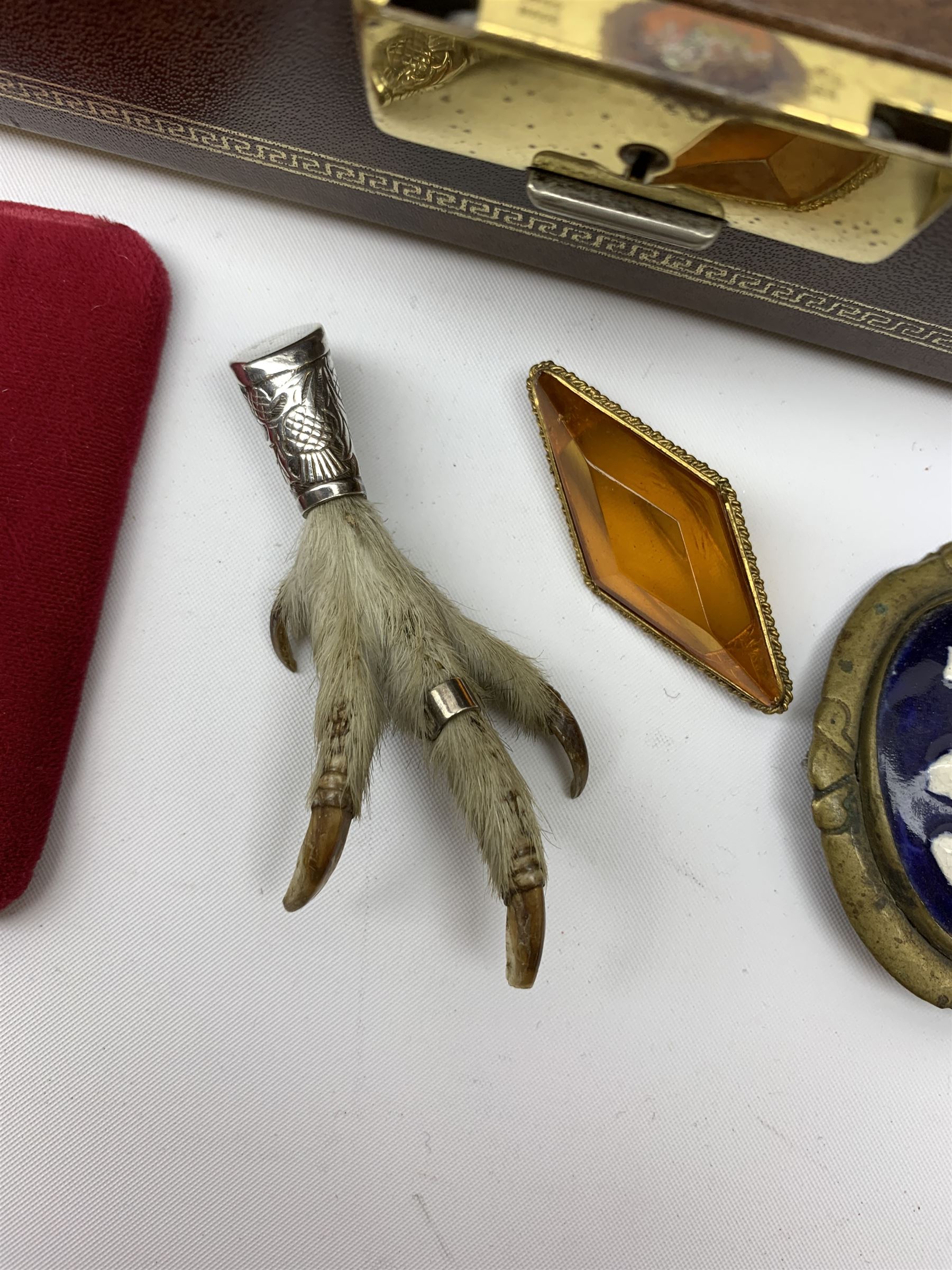 Vintage and later costume jewellery comprising a Brid's claw brooch with silver-plated mounts, micro mosaic circular brooch, Cameo brooch, a ladies gilt brass pocket watch, early 20th century Chinese carved ivory brooch and other items of jewellery contained in a modern jewellery box 