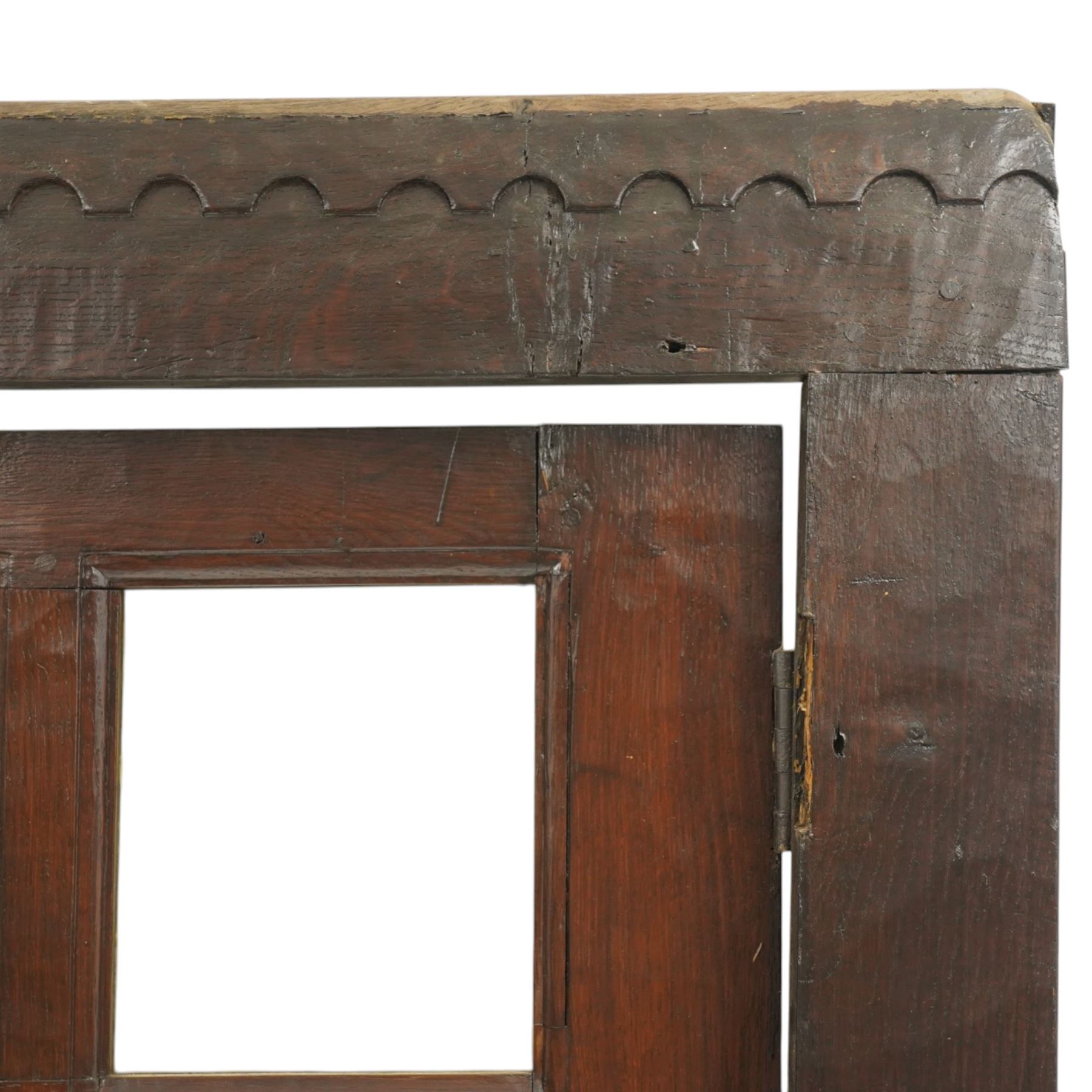 Mouseman - 1940s glazed, panelled and adzed vestibule door with castellated frame, with carved mouse signature, by Robert Thompson of Kilburn