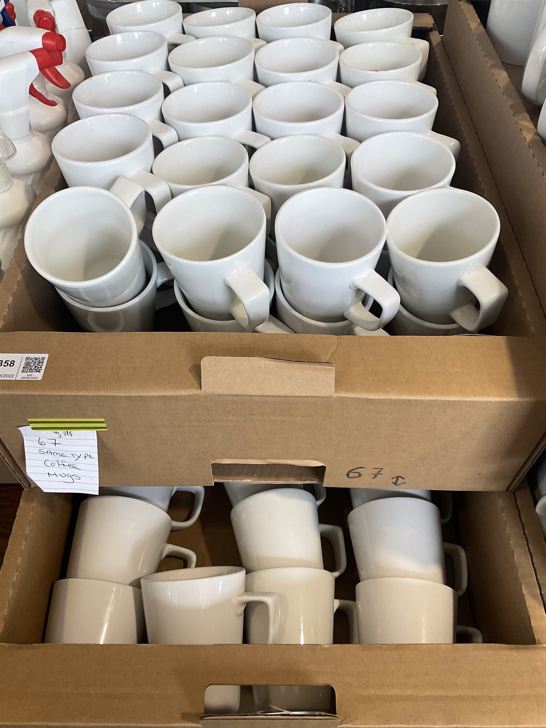 White ceramic coffee mugs approx. (67)- LOT SUBJECT TO VAT ON THE HAMMER PRICE - To be collected by appointment from The Ambassador Hotel, 36-38 Esplanade, Scarborough YO11 2AY. ALL GOODS MUST BE REMOVED BY WEDNESDAY 15TH JUNE.