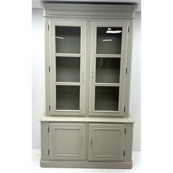 Laura Ashley Cabinet, projecting cornice, two glazed doors enclosing two shelves, above two cupboard doors enclosing single shelf, plinth base 
