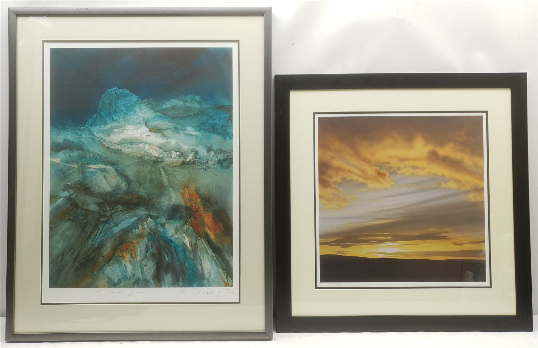 Steven Townsend (British 1955-): Sunset, limited edition colour print signed and numbered 62/195 in pencil 43cm x 43cm; Gillian McDonald (British Contemporary) 'Moorland Light I', limited edition colour print signed titled and numbered 61/195 in pencil 60cm x 46cm; Robert King (British 1936-): 'Window at Twilight', limited edition colour lithograph signed and numbered 2/295 in pencil pub. Solomon & Whitehead 41cm x 30cm (3)