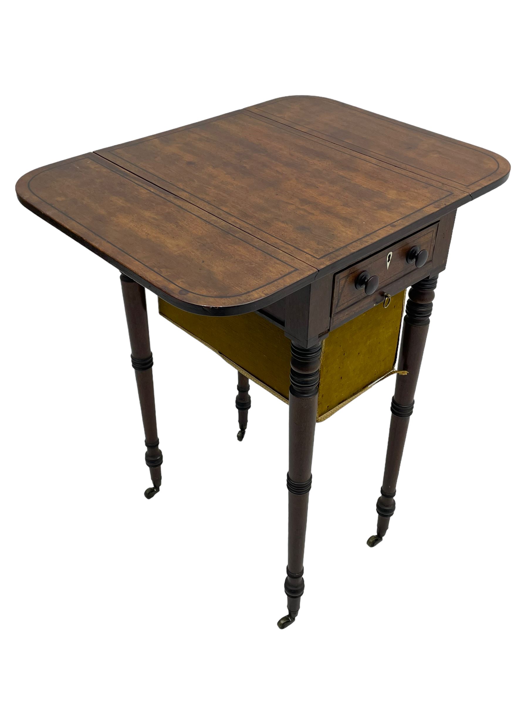 Narrow George III mahogany sewing or work Pembroke table, drop-leaf rectangular top with rounded corners inlaid with ebony stringing, fitted with single full-length cock-beaded drawer and opposing false drawer fascia, turned handles and ivory escutcheons, sliding upholstered storage bag beneath, on ring turned supports with brass cups and castors

This item has been registered for sale under Section 10 of the APHA Ivory Act