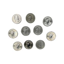 Ten Queen Elizabeth II Canada one ounce fine silver five dollar coins, including 2012 'Majestic Moose' 2016 'Superman', 2018 'Maple Leaf', 2019 'Maple Leaf', etc