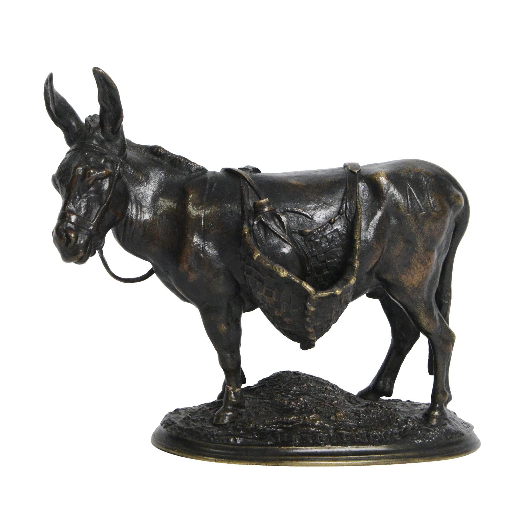 After Auguste Nicolas Cain (French 1821-1894): 'Ane D'Afrique', bronze figure of an African Wild Donkey carrying panniers, upon naturalistically modelled oval base, signed, H14.5cm