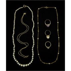 Gold single stone pearl ring, stamped 14K, 9ct gold jewellery including single stone diamond ring, simulated pearl link necklace, 8ct gold purple stone set ring and a pearl necklace with gold clasp