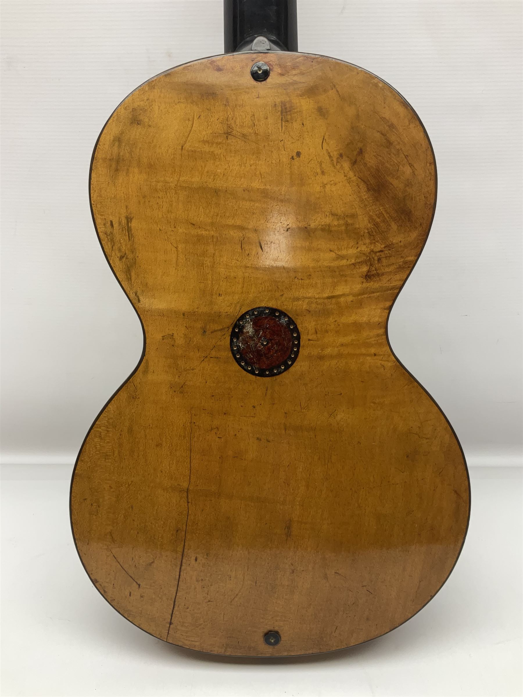 19th century Continental parlour guitar for restoration or display, with maple back and sides,  spruce top, scalloped neck and bone pegs; bears inset plaque to head 'Lapaix Paris 1830' and 'John Eastwood Teacher of the Guitar' paper label with manuscript note 'Fine Old Guitar Restored 1888 by JCB Leeds' L92cm