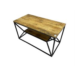Contemporary hardwood and wrought metal two-tier X-framed coffee table