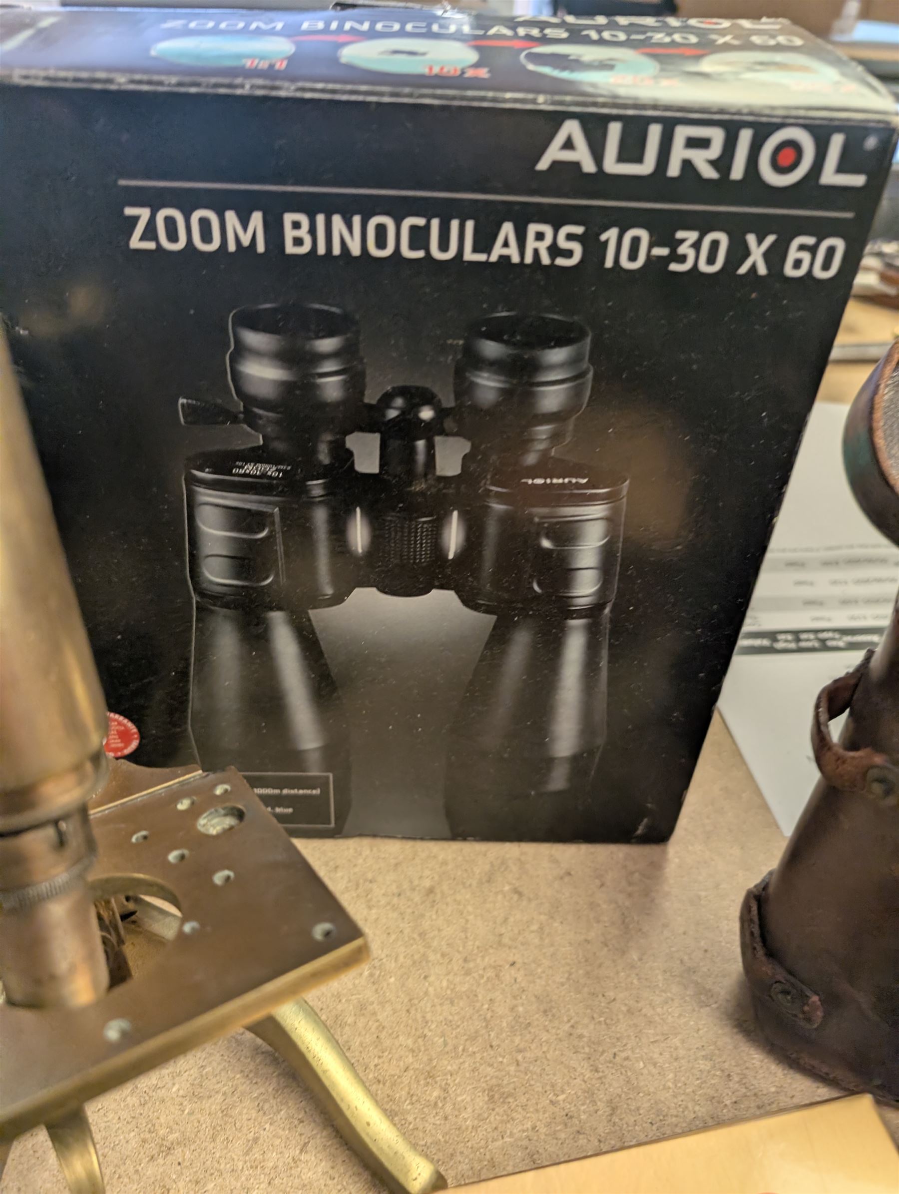 Two Services pocket watches, pair of Auriol Zoom binoculars 10-30 x 60, Sunagor Mini-Pocket binoculars, all boxed, Russian Baigish 8 x 30 binoculars, Oregon 4 binoculars, other binoculars, Prinz Galaxy lens and a Leitz Wetzlar microscope