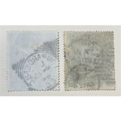 Great Britain Queen Victoria 1867-83 five shillings and ten shillings stamps, both used, both previously mounted