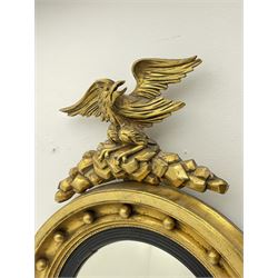 Regency period giltwood and gesso mirror, carved crouched eagle pediment over circular moulded frame set with balls, moulded ebonised slip framing convex mirror pane, the underside decorated with oak leaves and acorns and central cartouche 