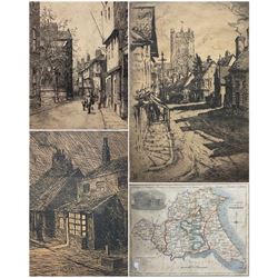 Thomas Bonfrey Burton (Beverley 1886-1941): 'The Street' and 'Old Shops in Walkergate Beverley', two etchings signed and titled in pencil; Wilfred Stephens (British early 20th century): 'The Priory - Christchurch', etching signed and titled in pencil; James Neele (British 1791-1868) after George Kemp (British fl.1823-1843): 'East Riding and Ainsty of Yorkshire' with Vignette of Beverley Minster, engraved map with hand colouring pub. 1836 max 30cm x 23cm (4)