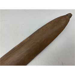 Australian Aboriginal shield, carved with Kangaroo and Emu, 74.5cm; Spear painted with aquatic creatures 78cm, and Spear thrower 81cm (3)