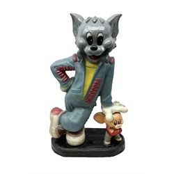 Fibreglass promotional/advertising group of Tom & Jerry, Tom standing wearing a blue track suit with his left hand resting on Jerry's head H63cm