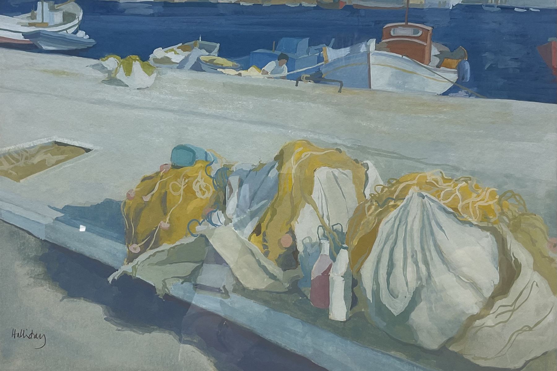 Irene Halliday (Scottish 1931-2023): 'Yellow Nets - Quayside Symi' Greece, gouache signed, titled verso 23.5cm x 35cm 