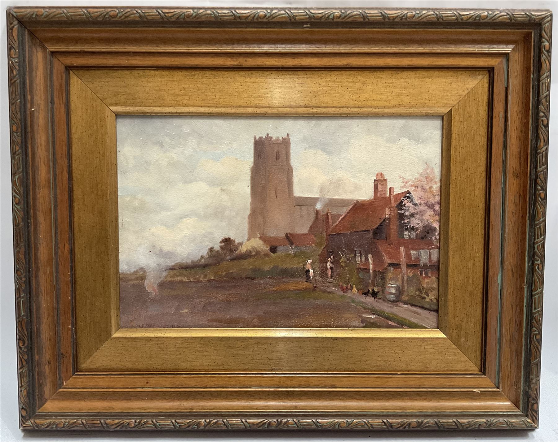 George William Collins (British 1863-1949): Chickens and Church, oil on board signed 20cm x 30cm