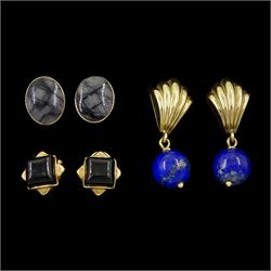 Three pairs of 9ct gold stud earrings including jet, lapis lazuli pendants and Picasso jasper