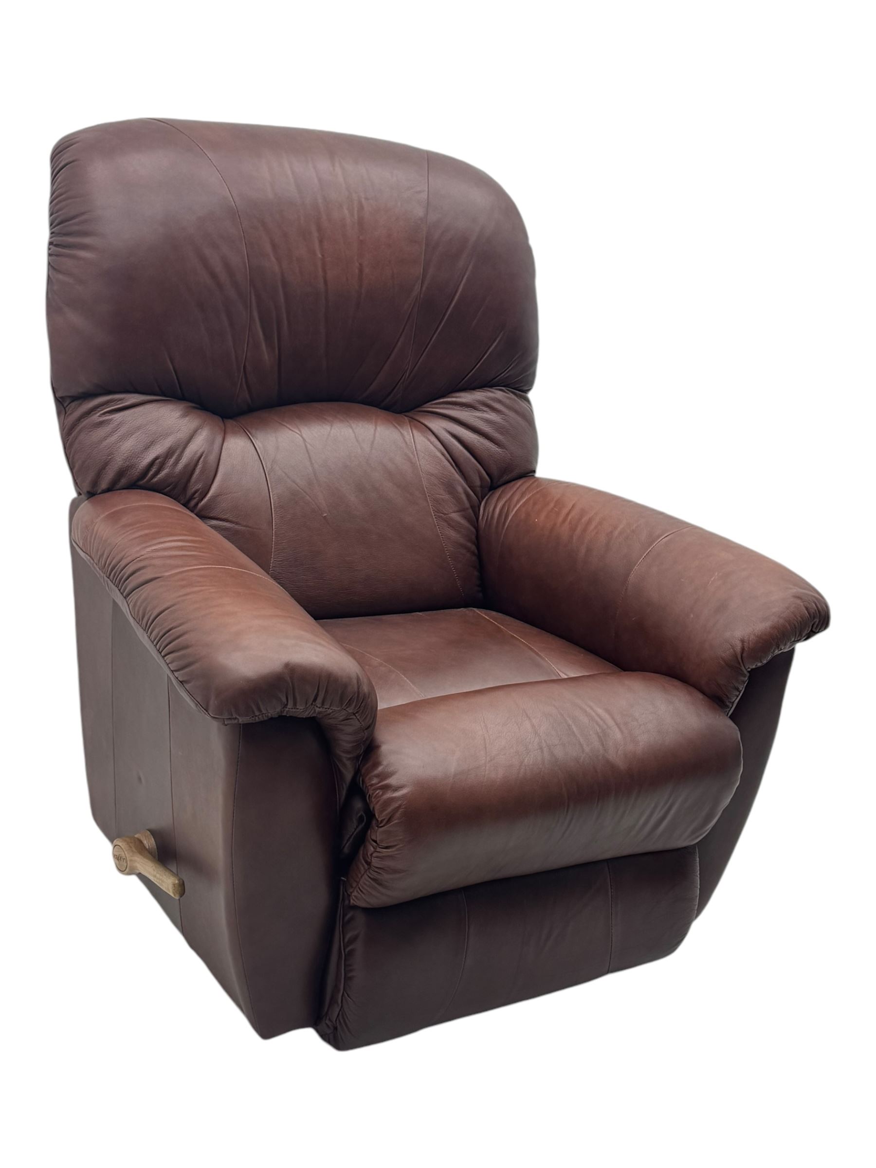 La-Z-Boy - manual reclining three piece suite - two seater sofa (W165cm, H105cm); and two armchairs (W98cm), upholstered in brown leatherette