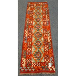  Kilim red ground runner rug, vegetable dye wool, 190cm x 62cm  