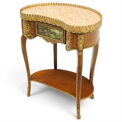 French Louis XV design inlaid kidney-shaped occasional table, the shaped pink marble top with pierced and raised gilt metal gallery edge of egg-and-dart design with swags, fitted with central drawer with a pastoral scene to facia, flanked by gilt metal mounts, raised on cabriole supports united by shaped undertier 