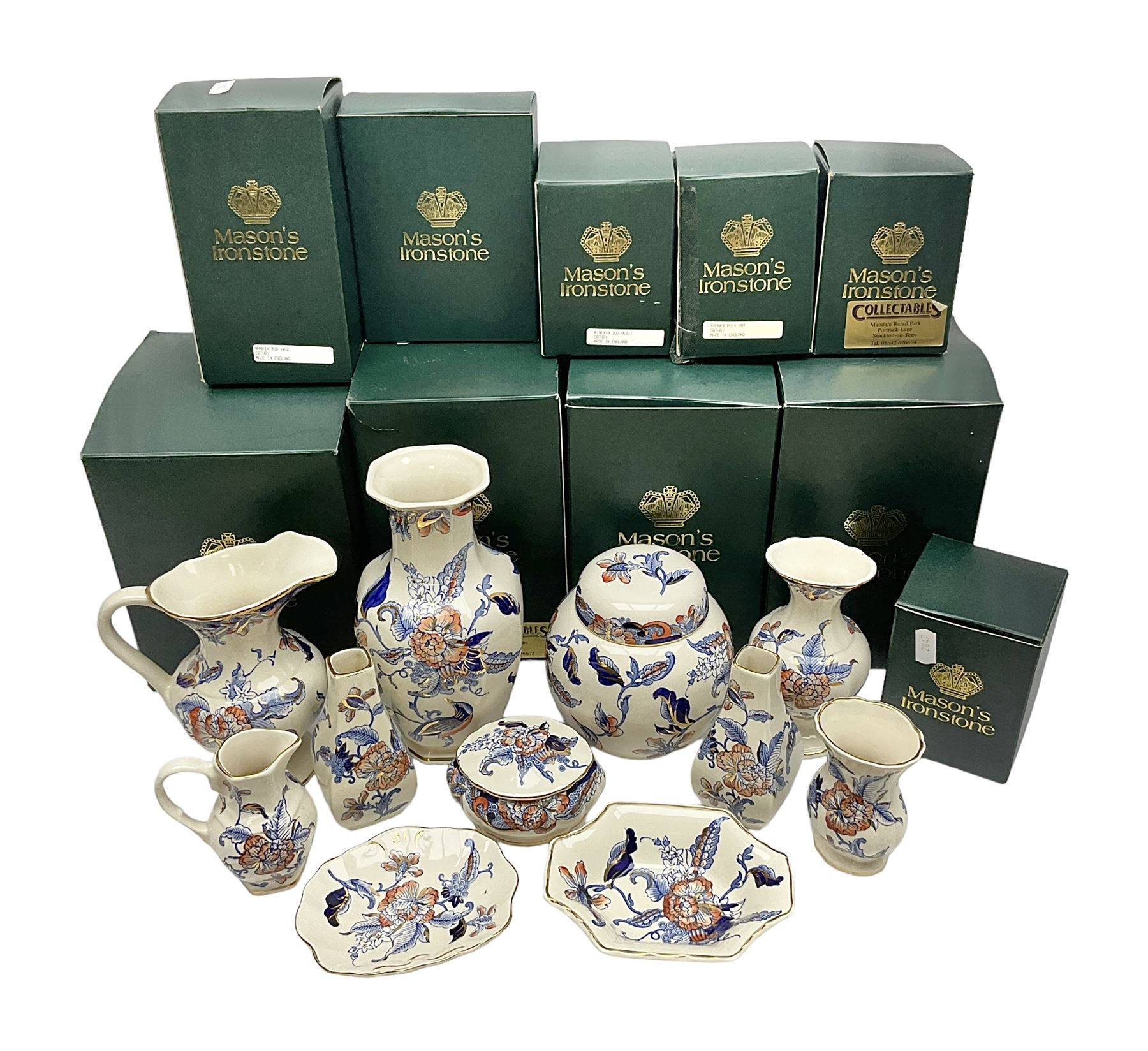 Masons Ironstone Cathay pattern ceramics, including vases, jugs, trinket boxes and trinket dishes, many in original boxes