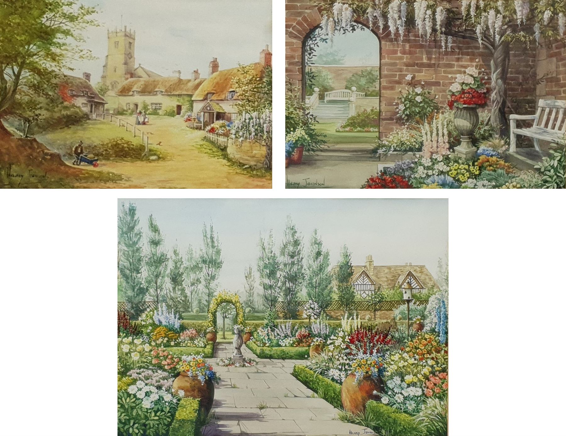 Hilary Johnson (British 20th century): 'Godshill Isle of Wight' and Garden Views, three watercolours signed, max 29cm x 40cm (3)