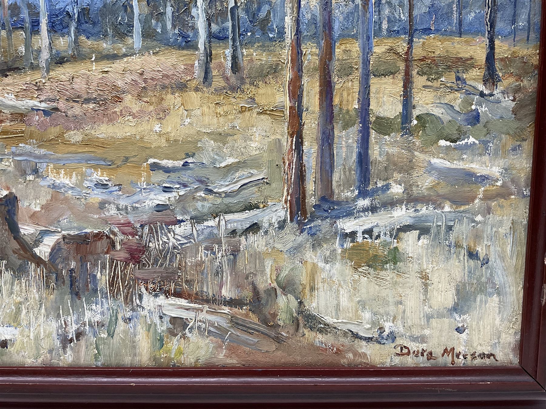 Dora Meeson Coates (Australian 1869-1955): 'A Fresh Clearing Australia', oil on board signed, titled verso on artist's Chelsea address label verso 40cm x 50cm 
Provenance: exh. W.I.A.C., label verso
Notes: Meeson was elected member of the Royal Institute of Oil Painters in London. She was also a member of the British Artists' Suffrage League