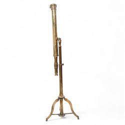 Late 20th-century lacquered brass telescope, the barrel on a telescopic stem, and a tripod stand 