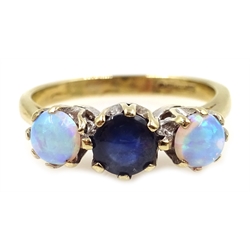  Gold three stone sapphire and opal ring, hallmarked 9ct  