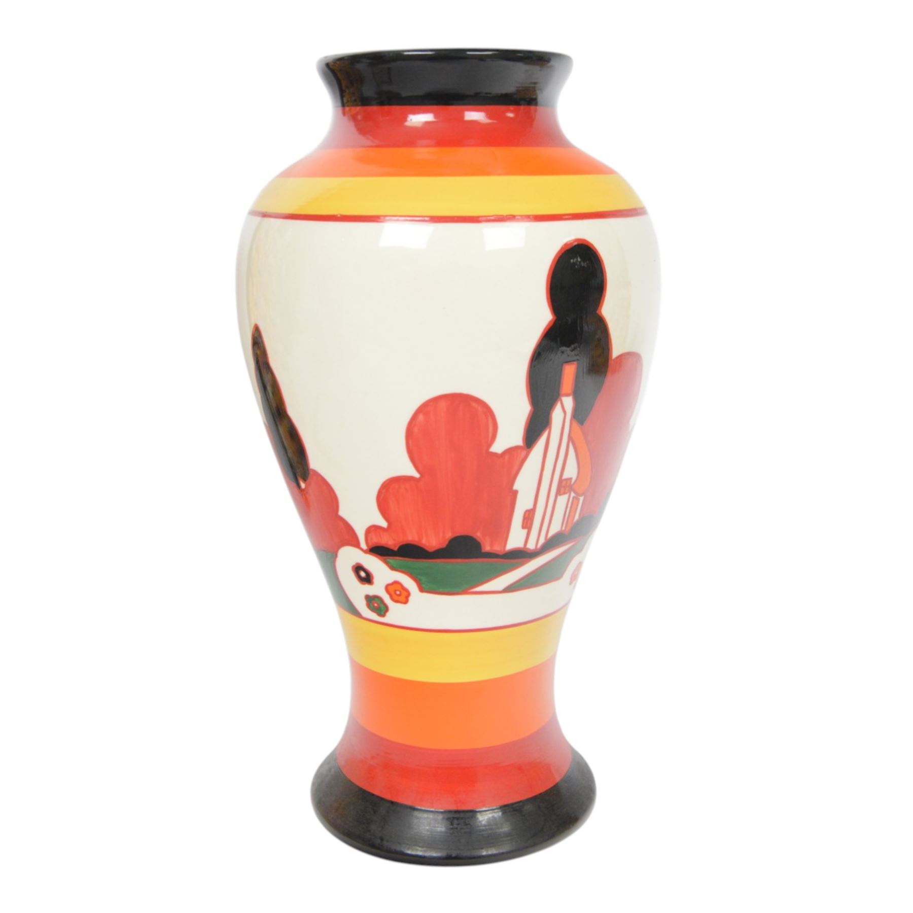 Wedgwood Bizarre by Clarice Cliff, Mei Ping vase, Farmhouse, hand painted based upon an original, limited edition 54/250, with certificate and box, H31cm 