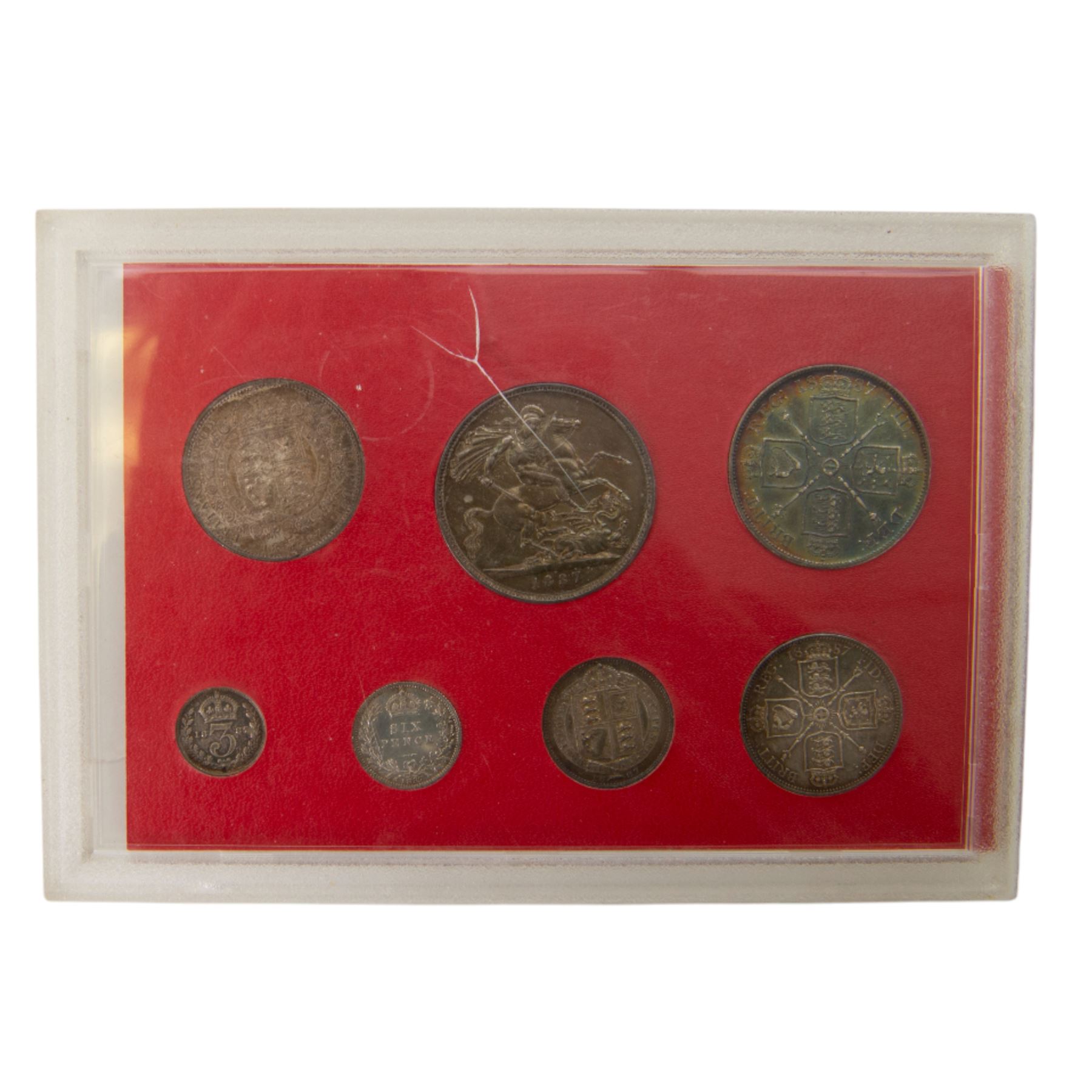 Queen Victoria 1887 specimen coin set, comprising silver threepence, sixpence, shilling, florin, half crown, double florin and crown, housed in modern plastic case