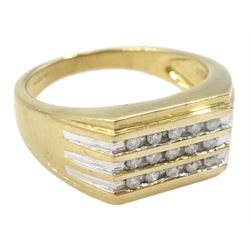 9ct gold three row channel set round brilliant cut diamond signet ring, hallmarked