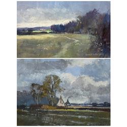 Norman Battershill (British 1922-): 'Passing Rain Marnhull' Dorset and 'Autumn', oil on board and gouache, respectively, signed, titled verso max 18cm x 24cm (2)