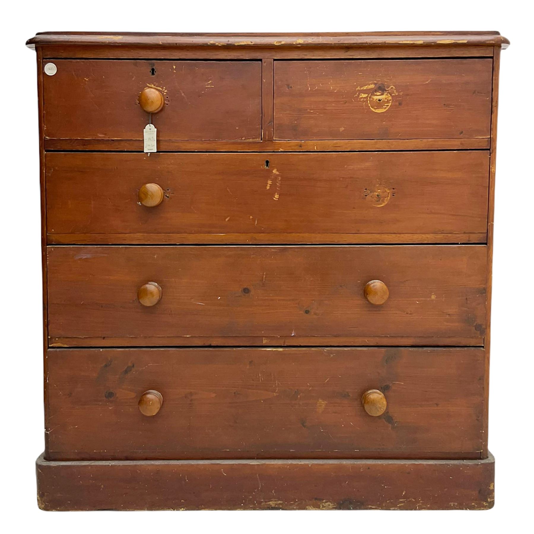 Chatsworth House - 19th century Victorian stained pine chest of drawers from Chatsworth House servant's quarters, moulded rectangular top over two short and three long drawers, plinth base. Provenance: Previously lot 1065 from the 