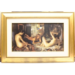 After Romano Stefanelli (Italian 1931-2016): Three Nudes, limited edition colour print no.102/1500 signed in pen with certificate of authenticity verso; After Michael Parkes (American 1944-): 'Night Flight', colour print, and After Vitcheslav Plotnikov: 'Le Boudior', colour print, max 56cm x 73cm (3)