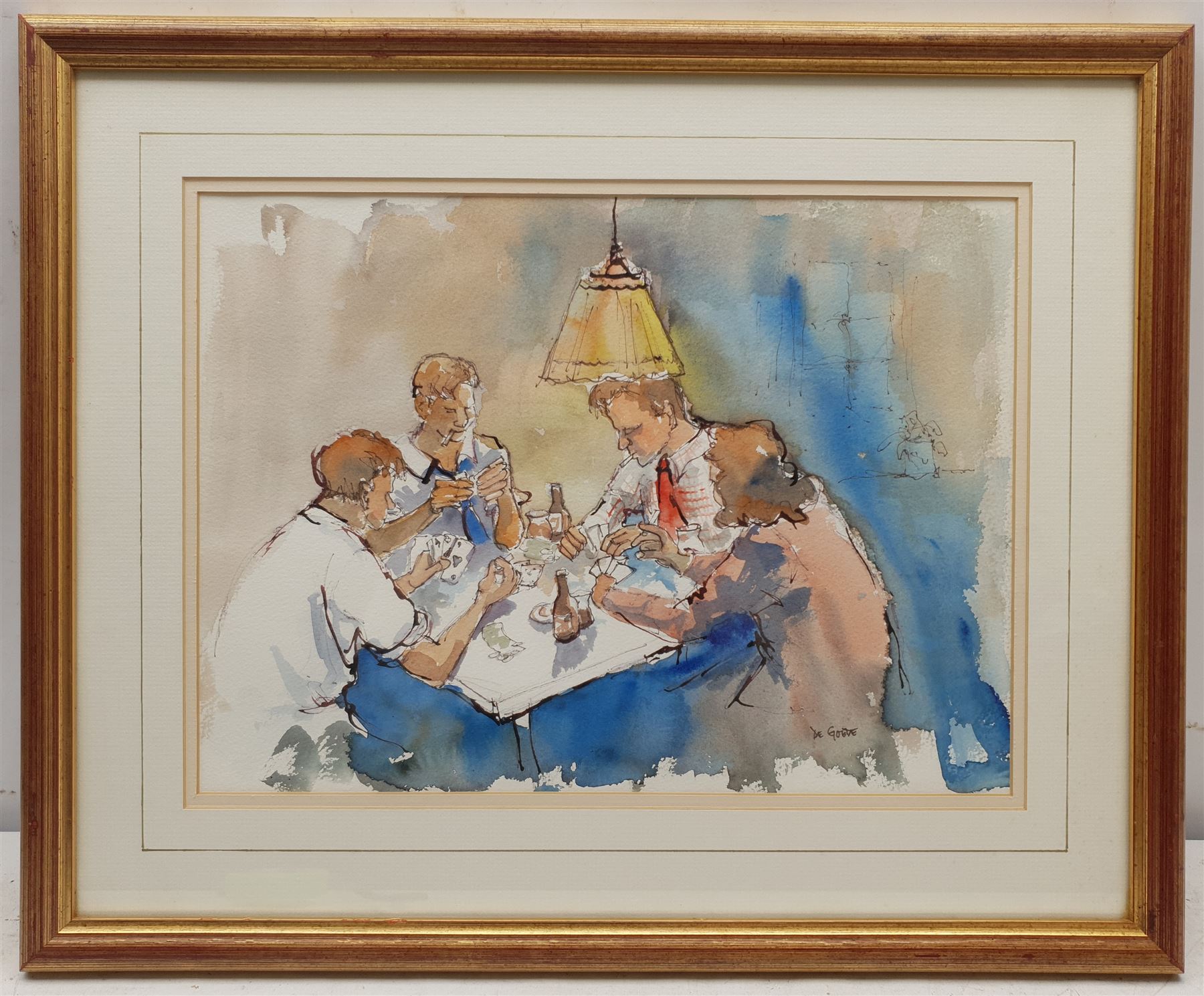 Rosemarie de Goede (South American Contemporary): The Card Players, watercolour and ink signed 28cm x 38cm