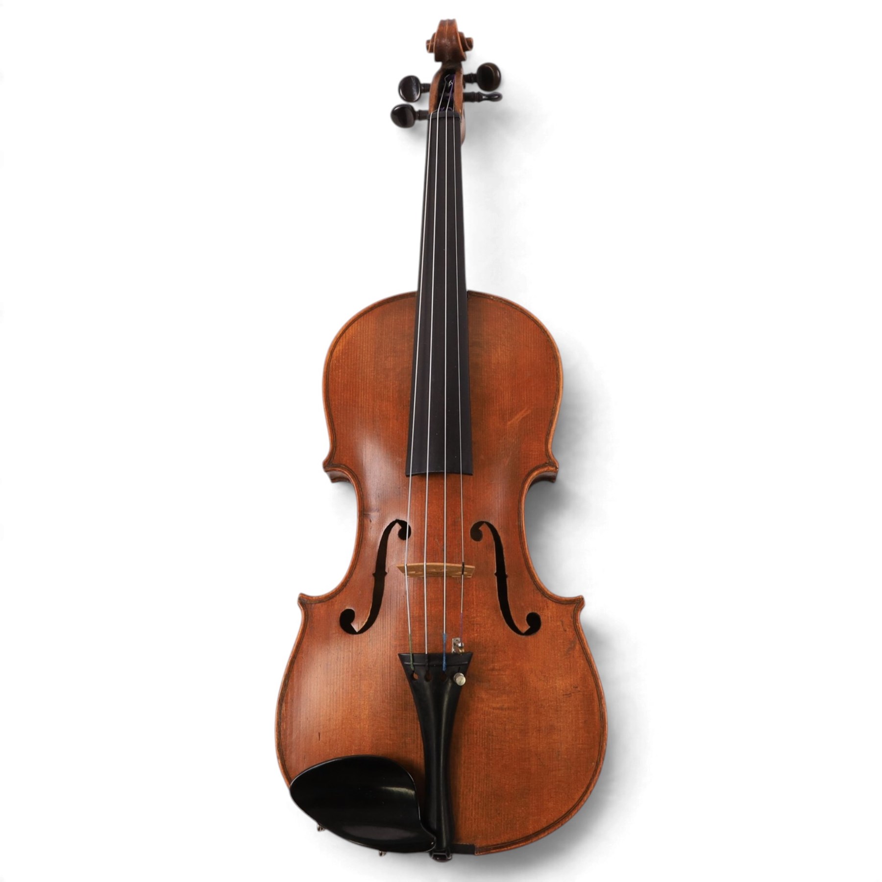 20th century French violin, with two piece back, ebonised fretboard and tuners, L60cm, with fitted hard case