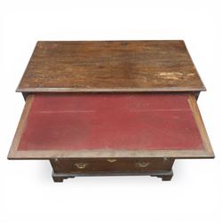 18th century oak chest, rectangular top with moulded edge, fitted with five drawers and baize line slide, with swan neck brass handles, raised on bracket feet