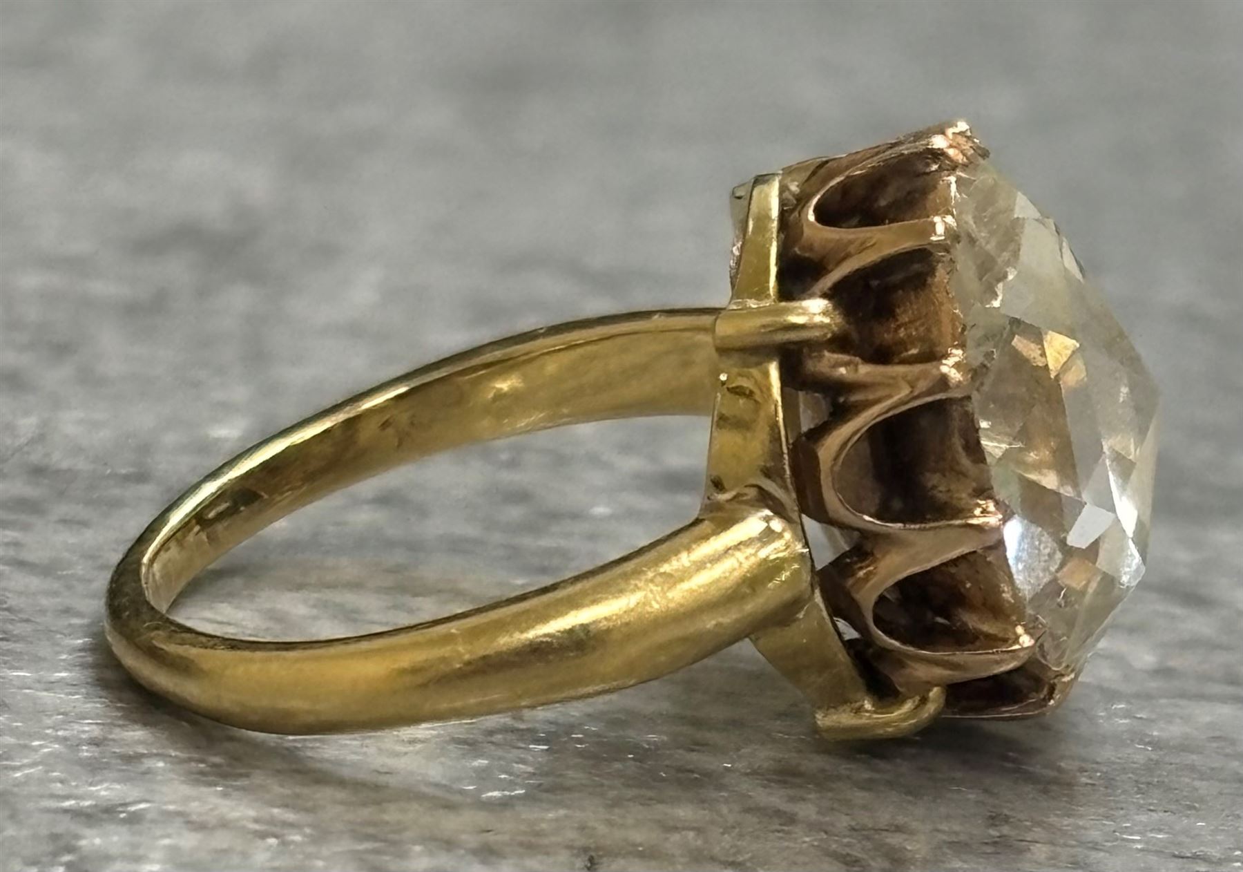 19th century 15ct gold single stone diamond ring, the backed oval rose cut diamond measuring approx 11.13mm x 9.69mm, in a twelve claw setting, in an 18ct gold shank