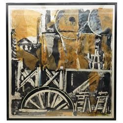 Lucy Mary Hainsworth (South African/Northern British 1935-): 'Ferry Bridge Power Station', mixed media collage attributed and titled on label verso 93cm x 88cm