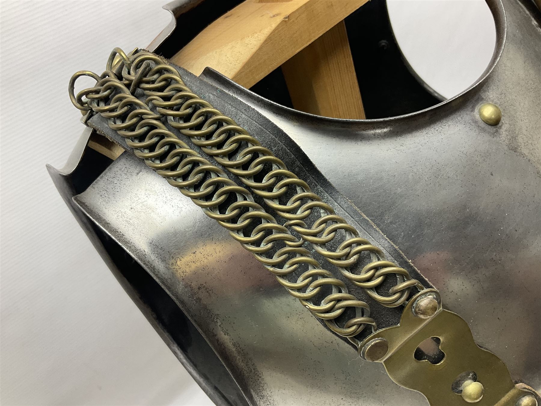 French 2nd Empire Cuirassiers breastplate and backplate, both marked internally along the bottom flange August 1862 for the Premier Guard Lancers No.450; on modern wooden display stand