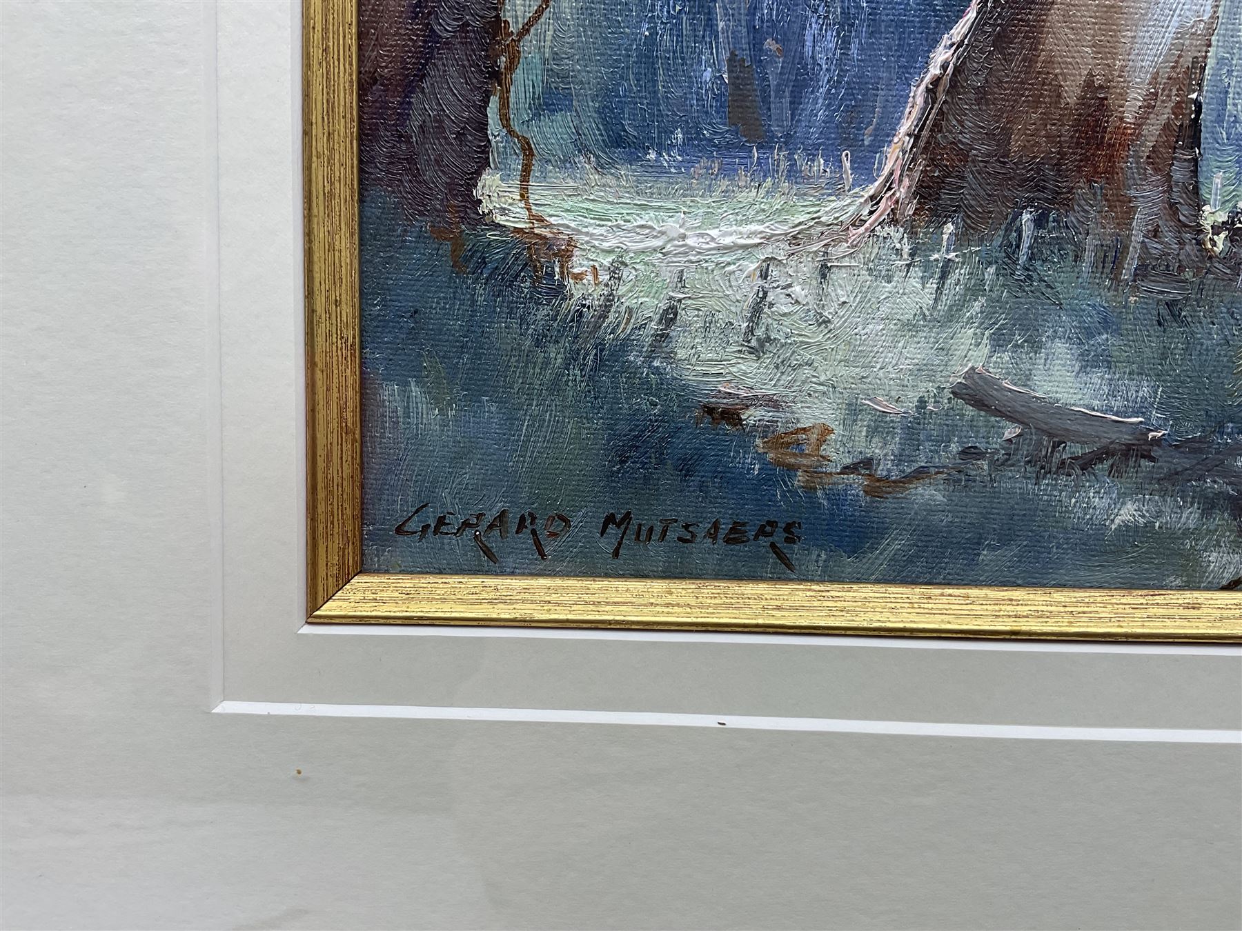 Gerard Mutsaers (Australian 1947-): 'Bright Sunlight in the Goulburn River Valley', oil on canvas board signed, titled on label verso 18cm x 49cm 