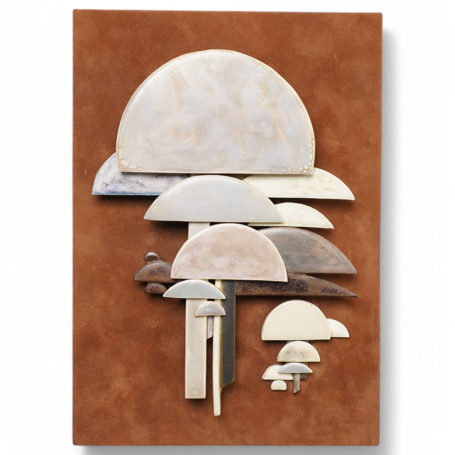 Anne Plant (British 1934-2019): 'Gerronema' 'Polygramma' and 'Icterinus', set three stoneware wall-hanging sculptures, largest 41cm x 17cm (3)