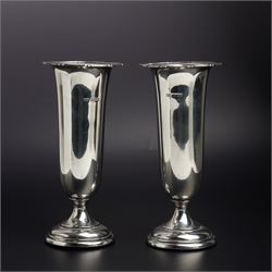 Pair of embossed silver trumpet shape vases H21cms marks rubbed but maker Henry Matthews and another pair of plain vases H15cm Sheffield 1913 Maker Lee & Wigfull