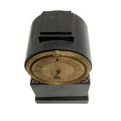 Benjamin Vulliamy of London- a small Regency 8-day ormolu and black marble mantle timepiece c1820, circular movement with a drum housing cradled on decorated scroll supports and a stepped marble plinth, the front of the plinth faintly incised with an armorial coat of arms, 3-1/2