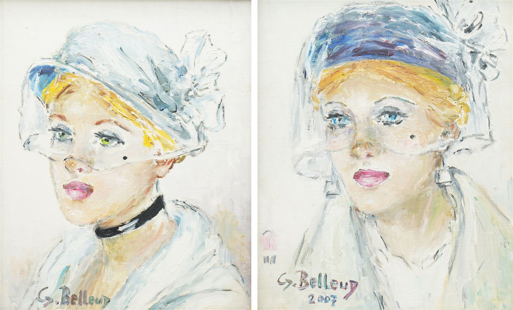 Gisèle Belleud (French 1921-2019): Portrait of an Art Deco Lady with a Veil and Beauty Spot, pair oils on canvas signed and one dated 2007, inscribed verso 26cm x 21cm (2)